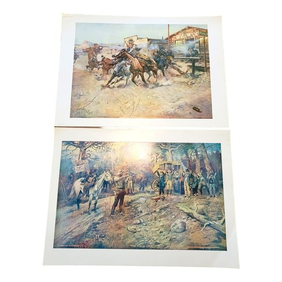 Charles M. Russell Art Prints The Hold Up + Smoke of a 45 Vintage Western LI511 - Picture 1 of 9